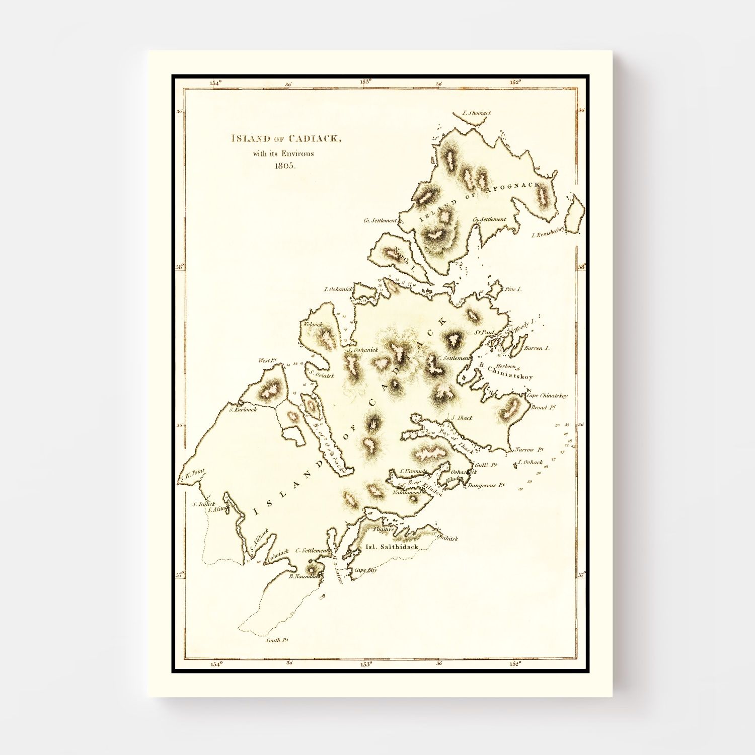 Vintage Map of Kodiak Island, AK 1805