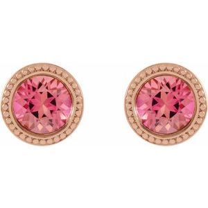 14K Rose Gold 3.5 mm Natural Pink Tourmaline Beaded Bezel-Set Earrings – image 2