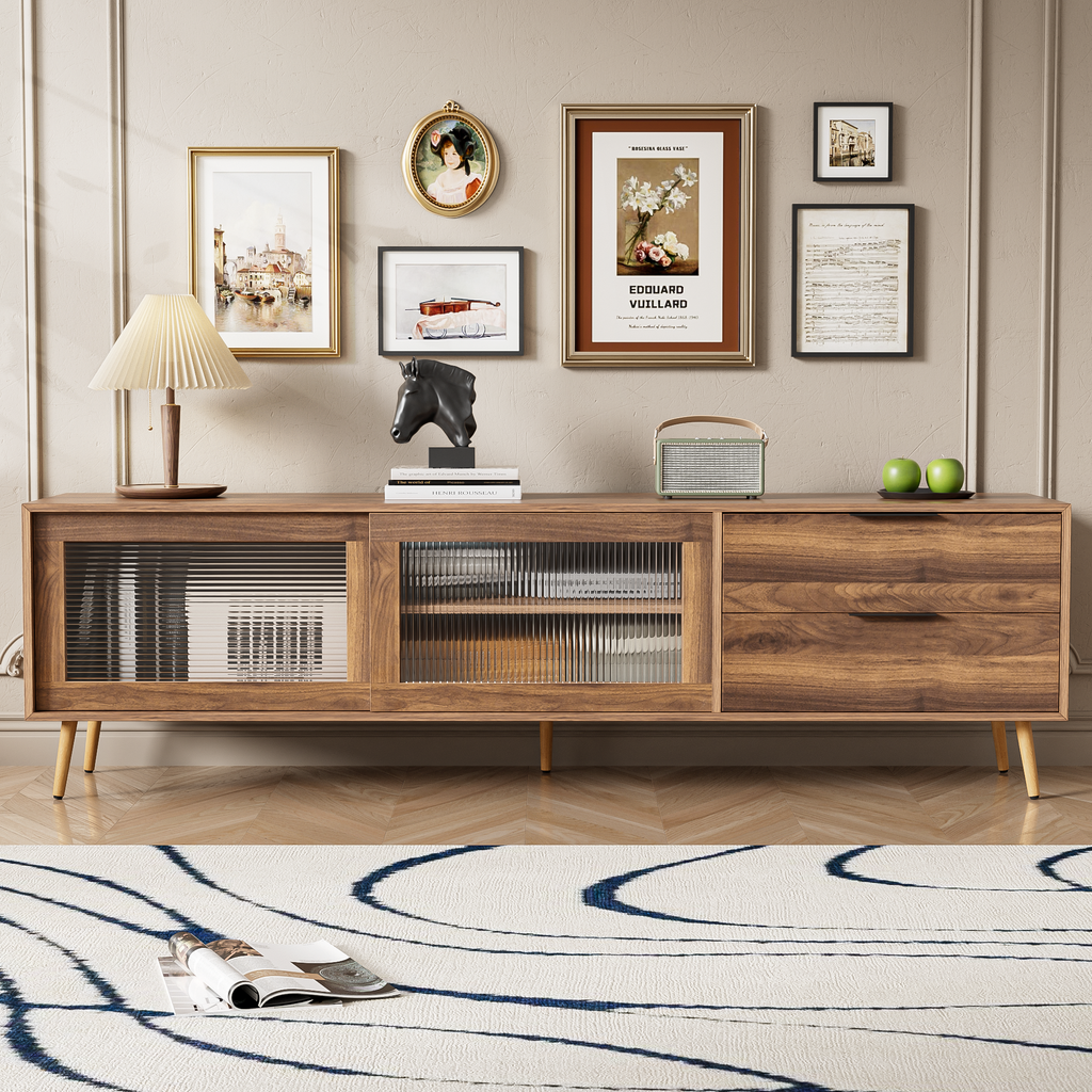 Modern TV Stand for 75'+ TV, TV Console with 2 Glass Doors, Entertainment Center with 2 Drawers & Storage Cabinet, 70' Media Console Table for Living Room, Bedroom