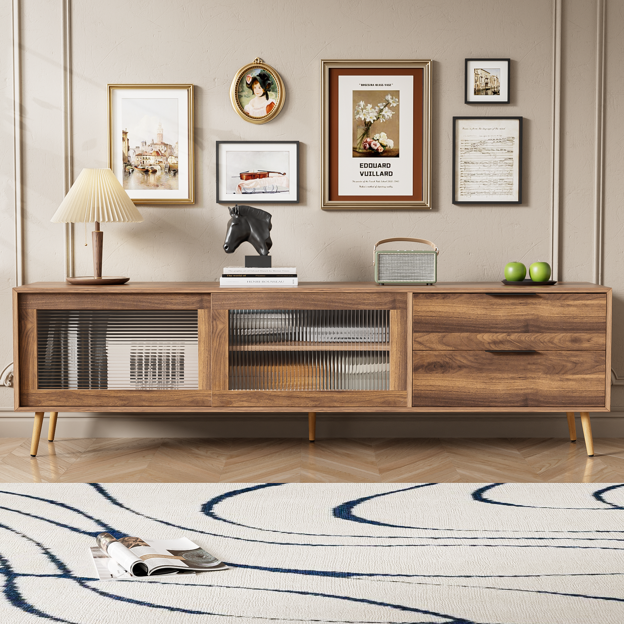Modern TV Stand for 75'+ TV, TV Console with 2 Glass Doors, Entertainment Center with 2 Drawers & Storage Cabinet, 70' Media Console Table for Living Room, Bedroom