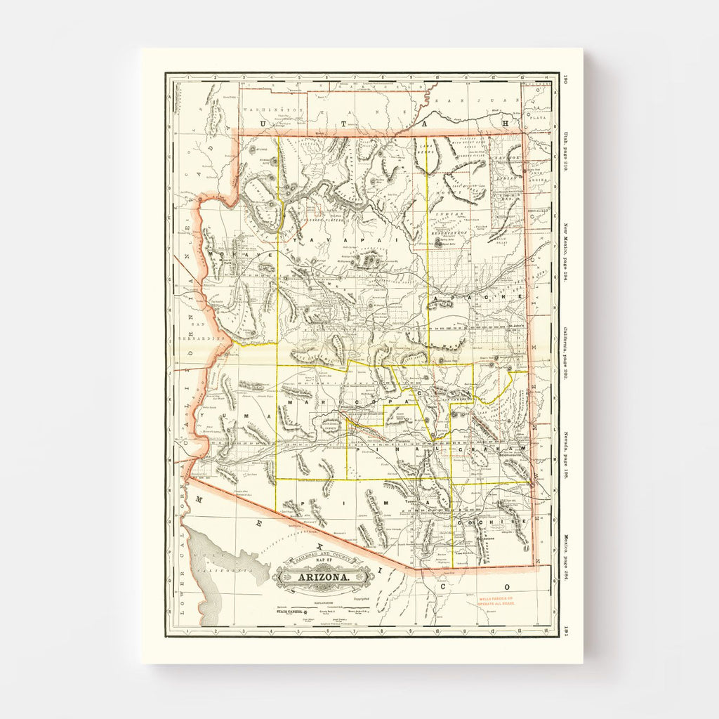 Vintage Arizona Railroad Map 1886