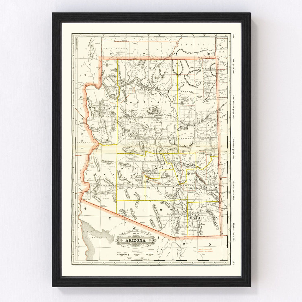 Vintage Arizona Railroad Map 1886