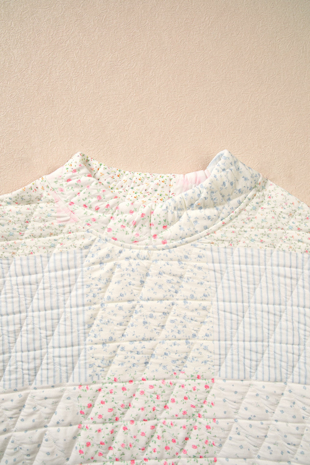 Floral Patchwork Quilted Mock Neck Long Sleeve Top
