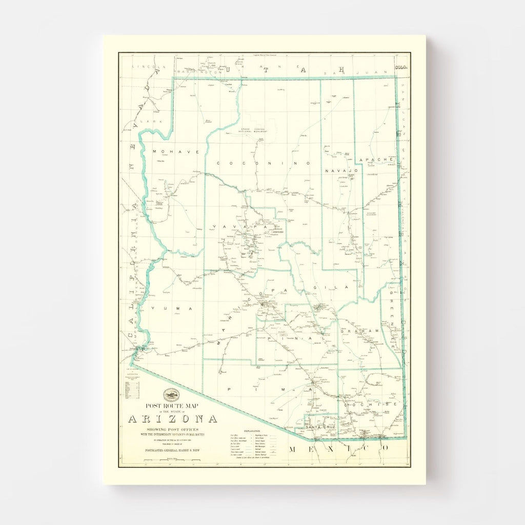 Vintage Arizona Post Route Map 1925