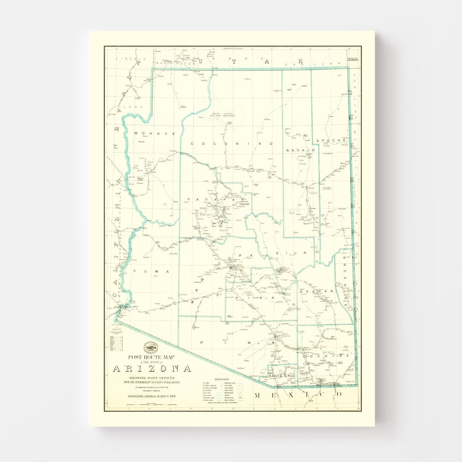 Vintage Arizona Post Route Map 1925