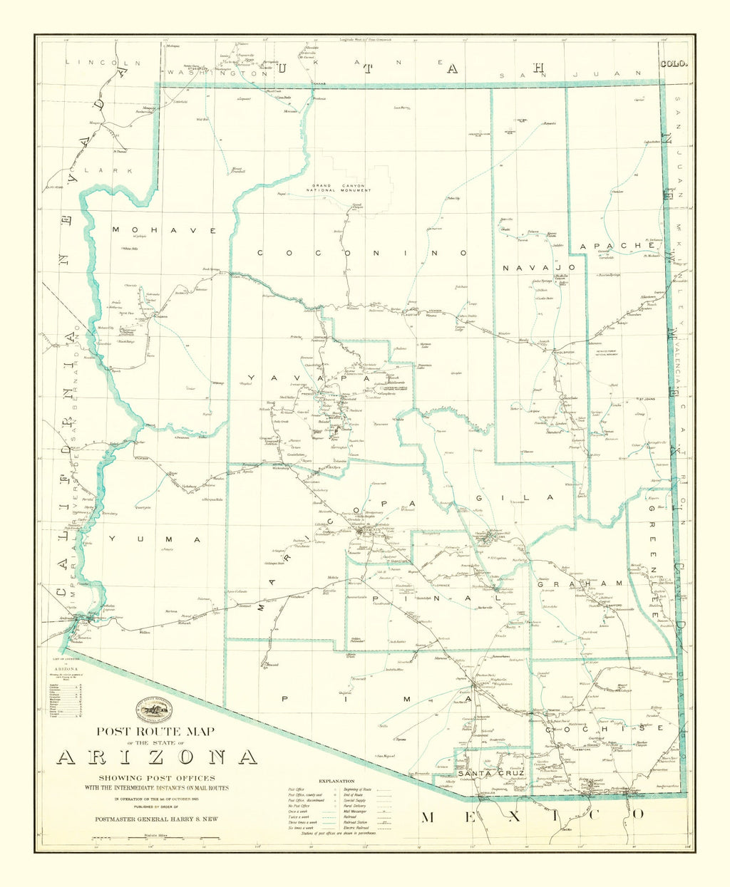 Vintage Arizona Post Route Map 1925