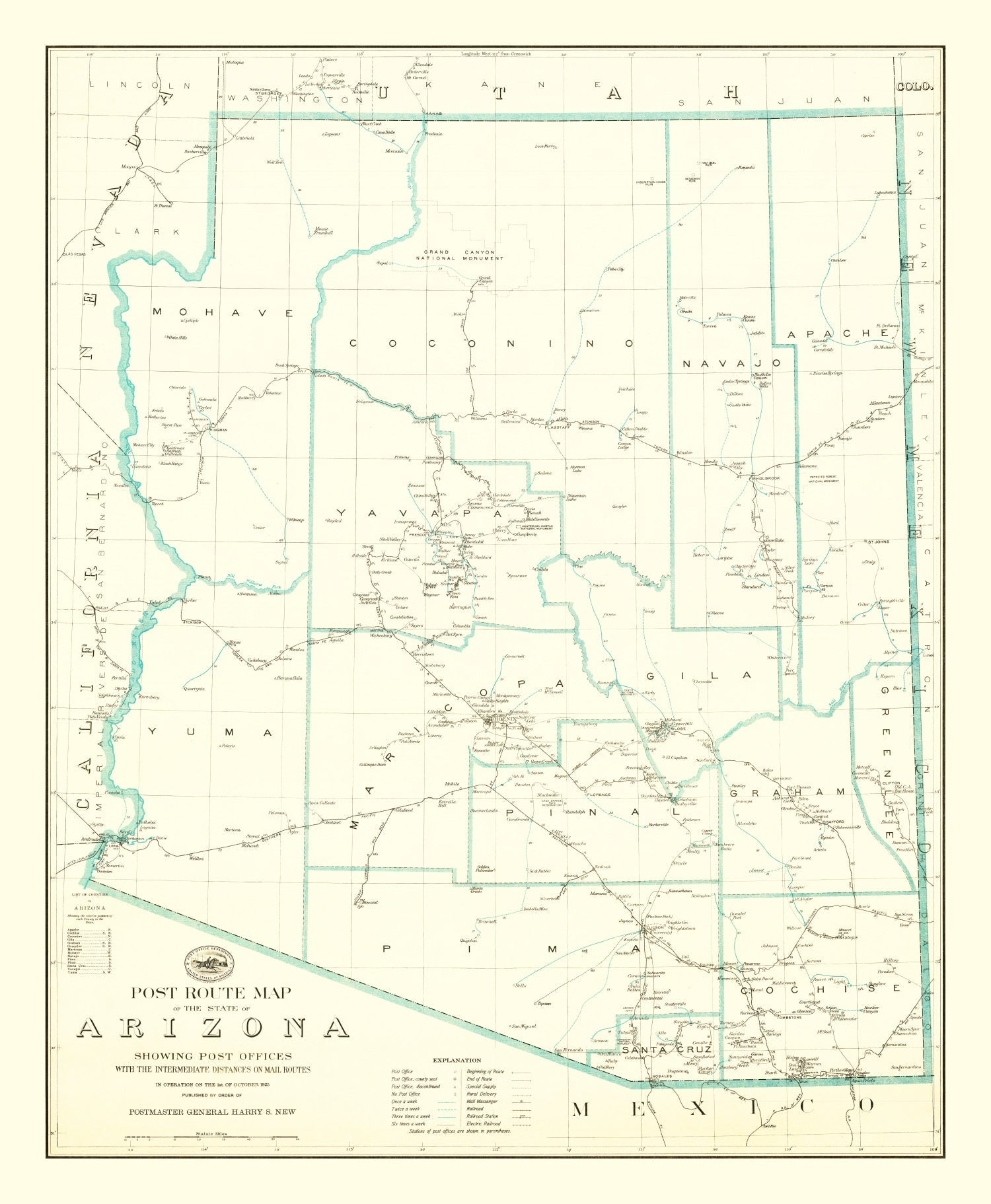 Vintage Arizona Post Route Map 1925