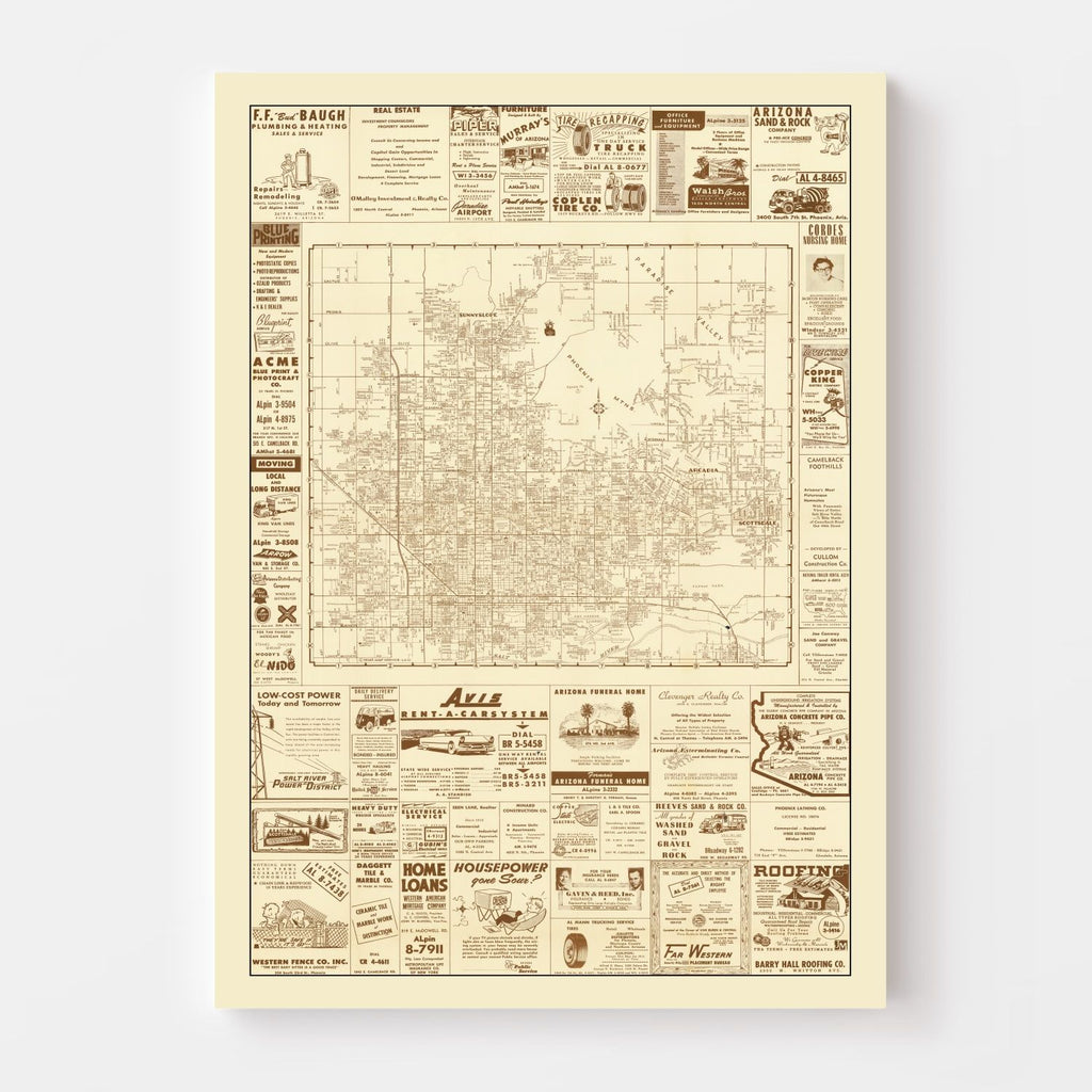 Vintage Map of Phoenix, Arizona 1956