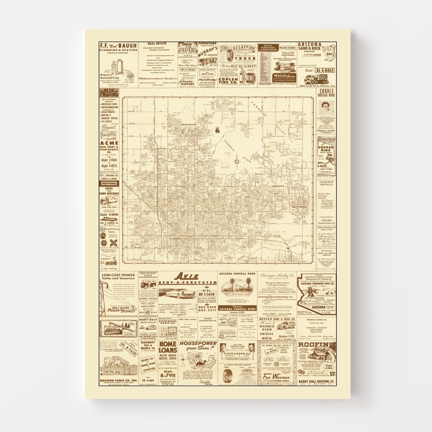 Vintage Map of Phoenix, Arizona 1956
