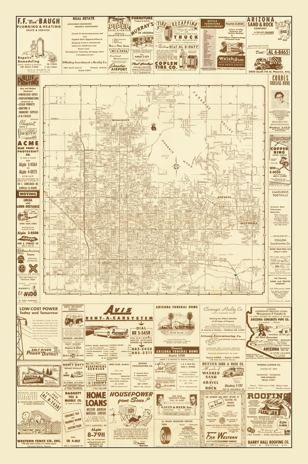 Vintage Map of Phoenix, Arizona 1956