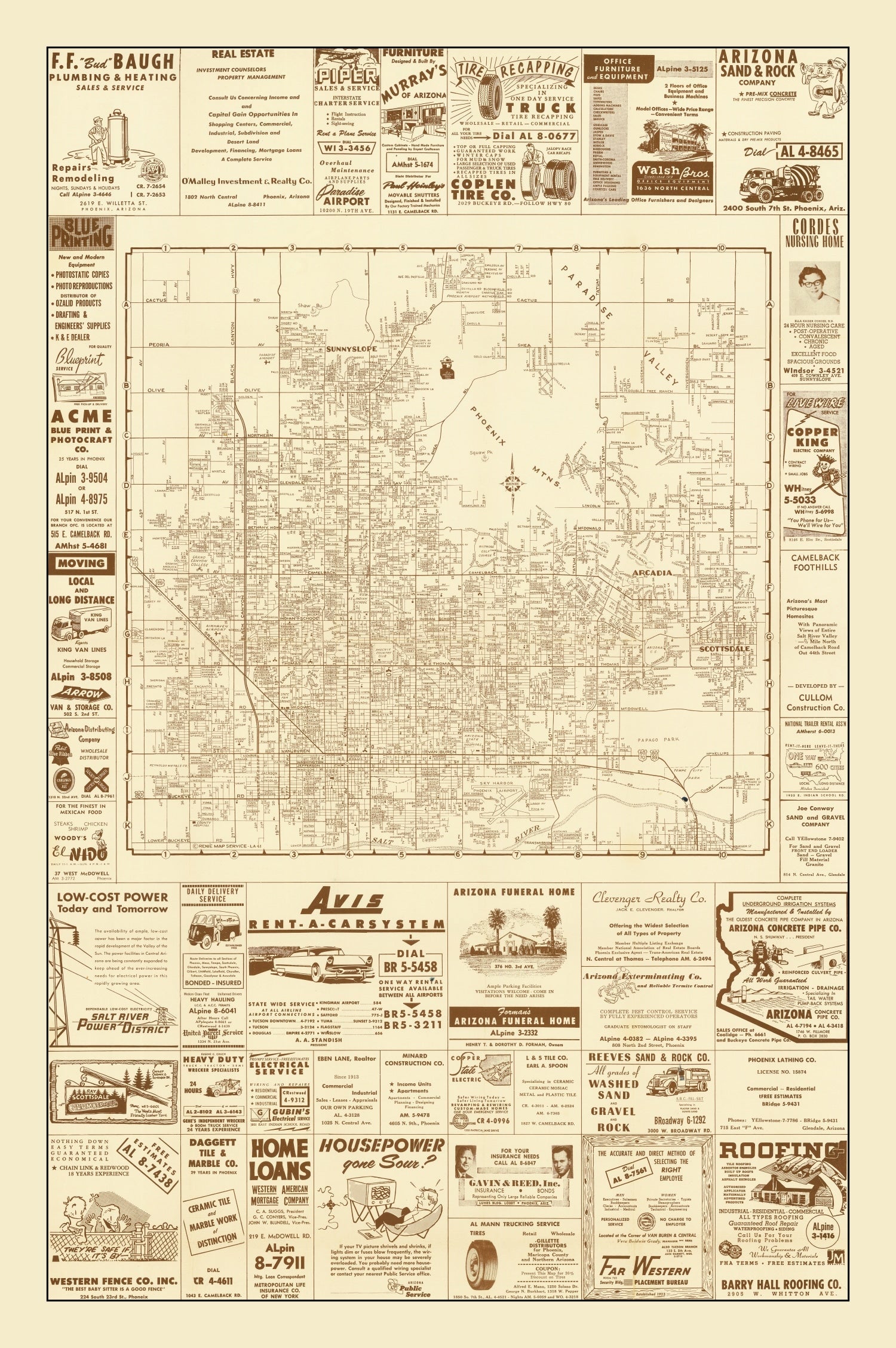 Vintage Map of Phoenix, Arizona 1956