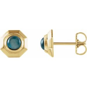 14K Yellow Gold Natural London Blue Topaz Geometric Cabochon Earrings