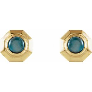 14K Yellow Gold Natural London Blue Topaz Geometric Cabochon Earrings – image 2