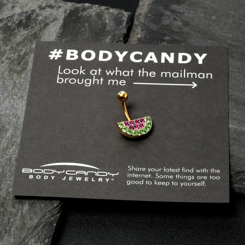 Pink Green Gem Gold Tone Watermelon Yum Belly Ring