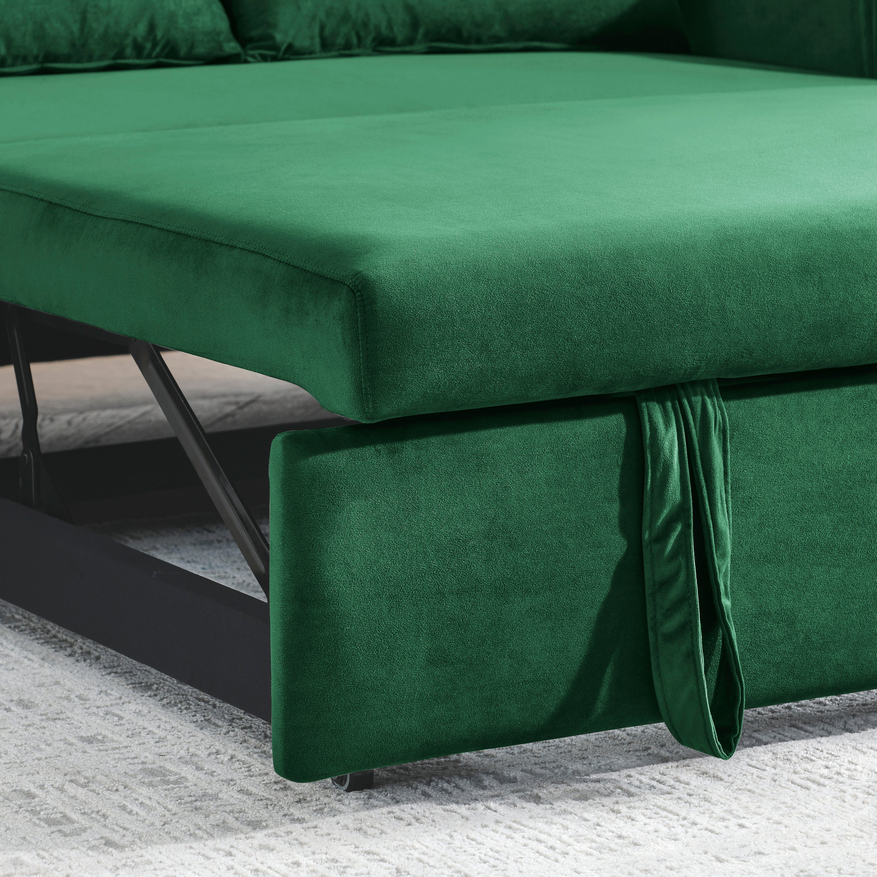 55' Modern Convertible Sofa Bed with 2 Detachable Arm Pockets, Velvet Loveseat Sofa with Pull Out Bed, 2 Pillows and Living Room Adjustable Backrest, Grid Design Armrests