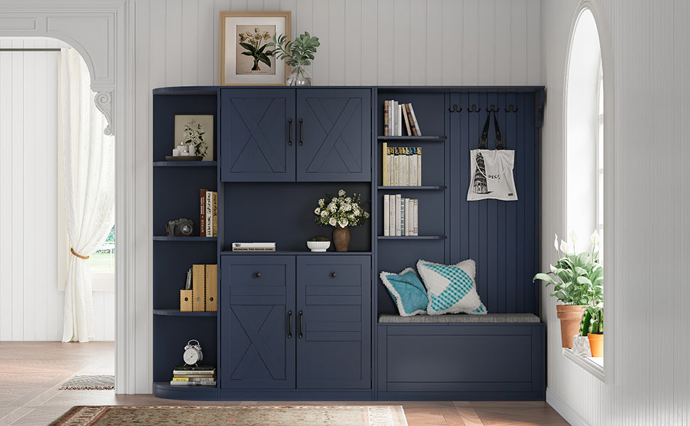 Multifunctional left-right combination hall cabinet (can be used separately) with storage and 4 hooks, storage cabinet/ hall tree 2 in 1 for living room, kitchen and hallway, antique blue