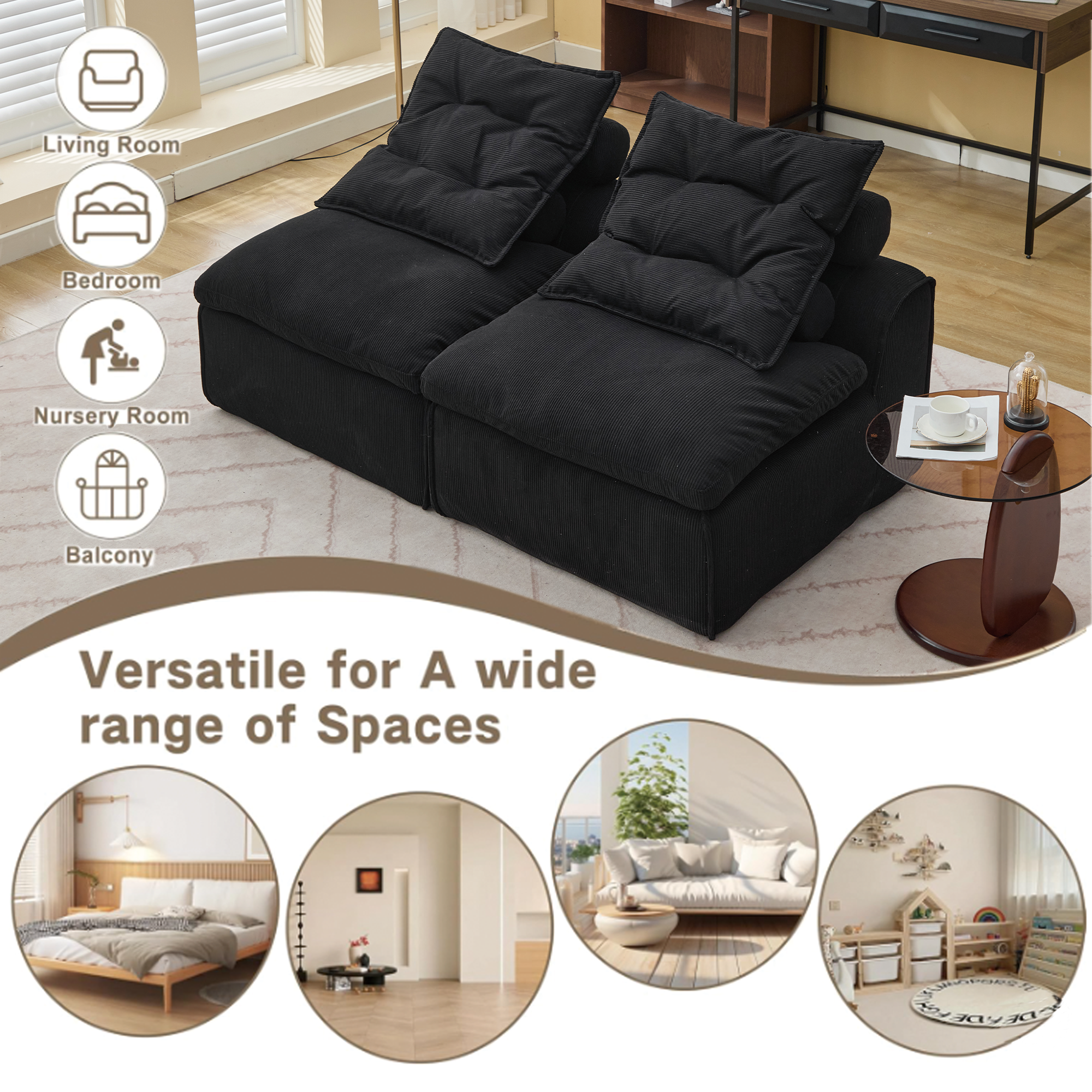 [NEW ARRIVED] [VIDEO PROVIDED]Modular Sofa,No Armrests,At will DIY,Soft Corduroy Fabric,Neck Pillow-Back Lounge Sofa Chair,Reading Nook, or Apartment Living, Lumbar Pillow,2 Seats,Upholstered,Black