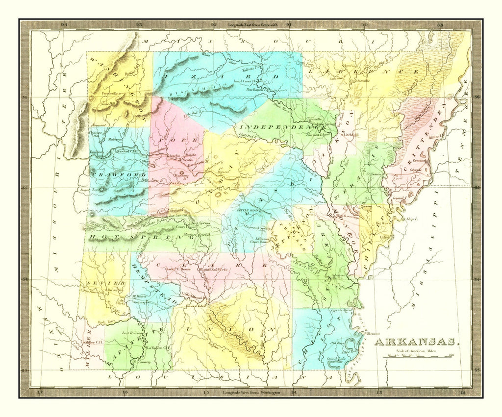 Vintage Map of Arkansas 1836