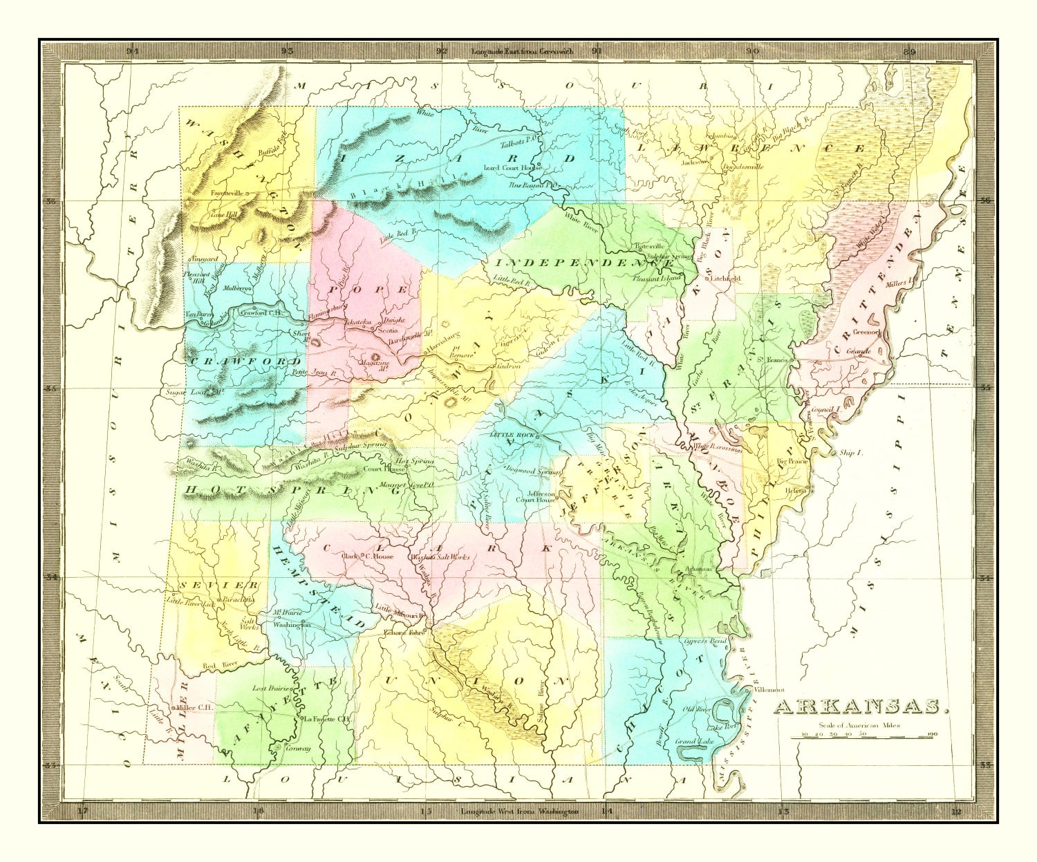 Vintage Map of Arkansas 1836