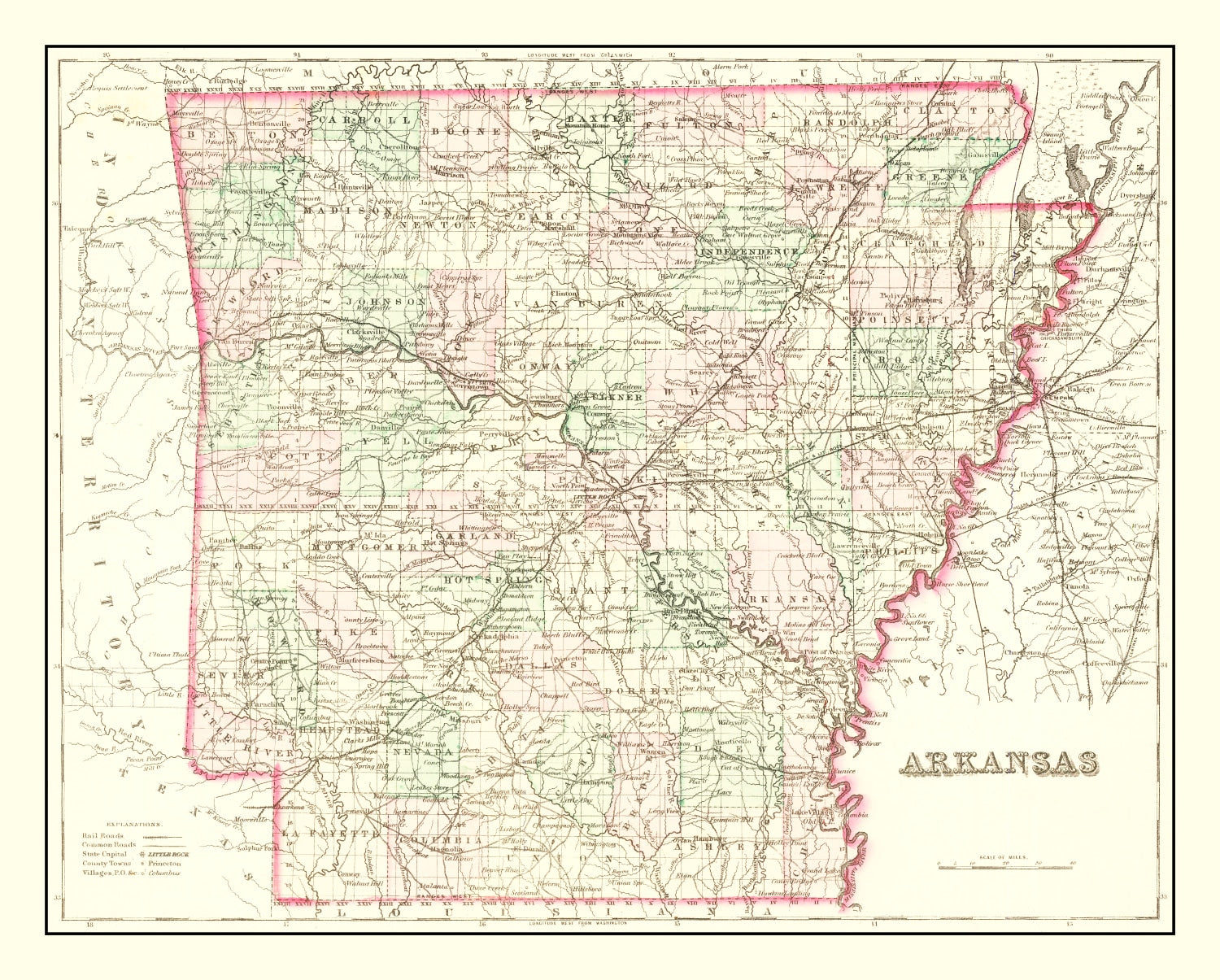 Vintage Map of Arkansas 1876