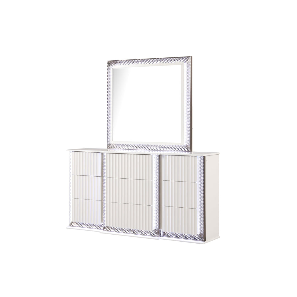 Fabio Contemporary Style King 5PC Bedroom set Made with Diamond-Shaped Side Accents, LED Lighting and Wood in White Finish(NJ INVENTORY)