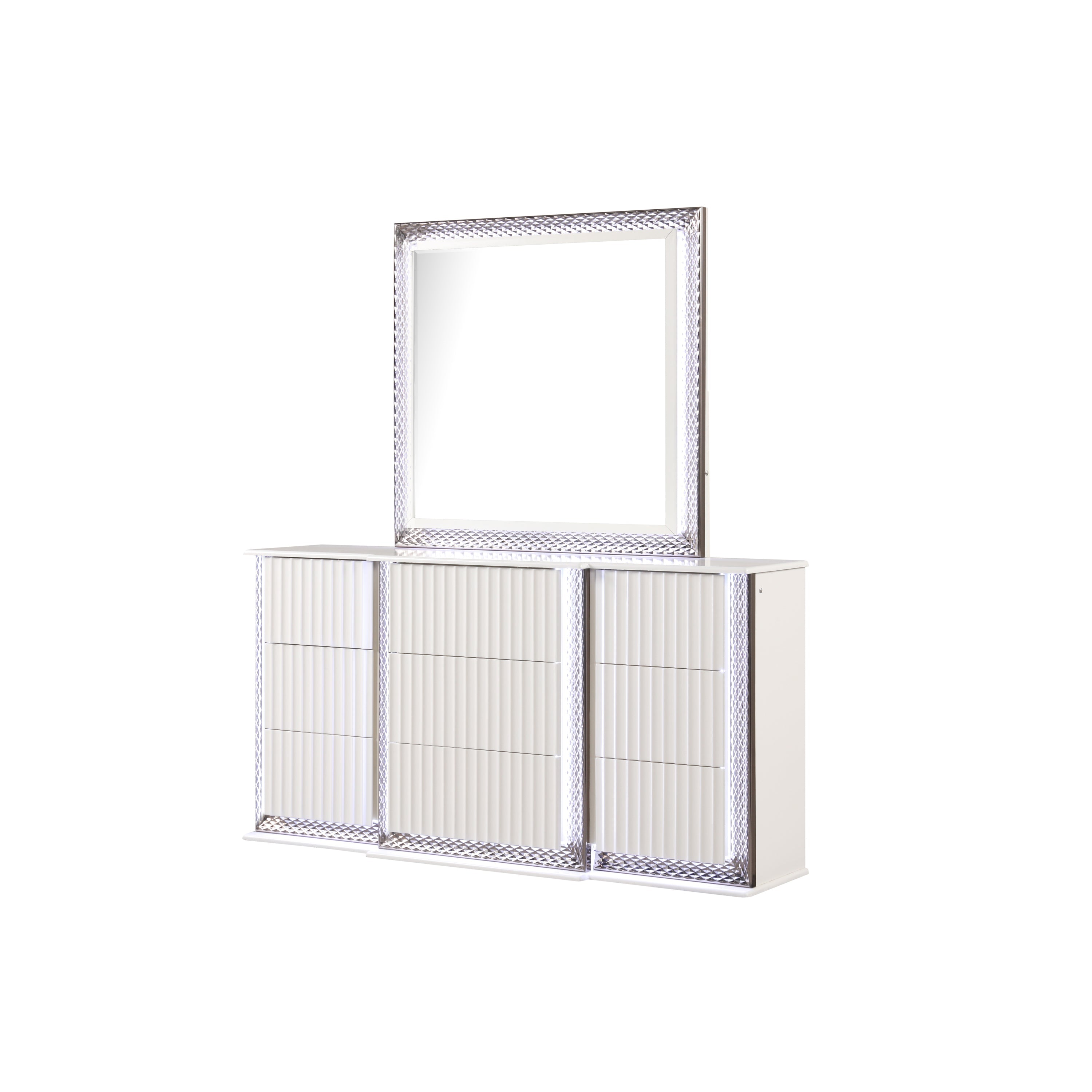 Fabio Contemporary Style King 5PC Bedroom set Made with Diamond-Shaped Side Accents, LED Lighting and Wood in White Finish(NJ INVENTORY)