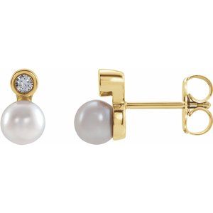 14K Yellow Gold Cultured White Akoya Pearl & .03 CTW Natural Diamond Earrings