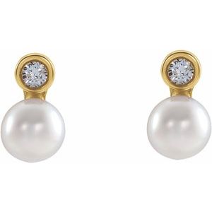 14K Yellow Gold Cultured White Akoya Pearl & .03 CTW Natural Diamond Earrings