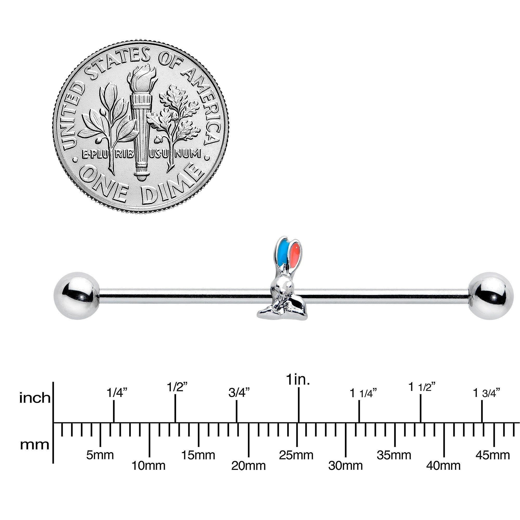 14G Easter Bunny Red Blue Ears Industrial Barbell 38mm