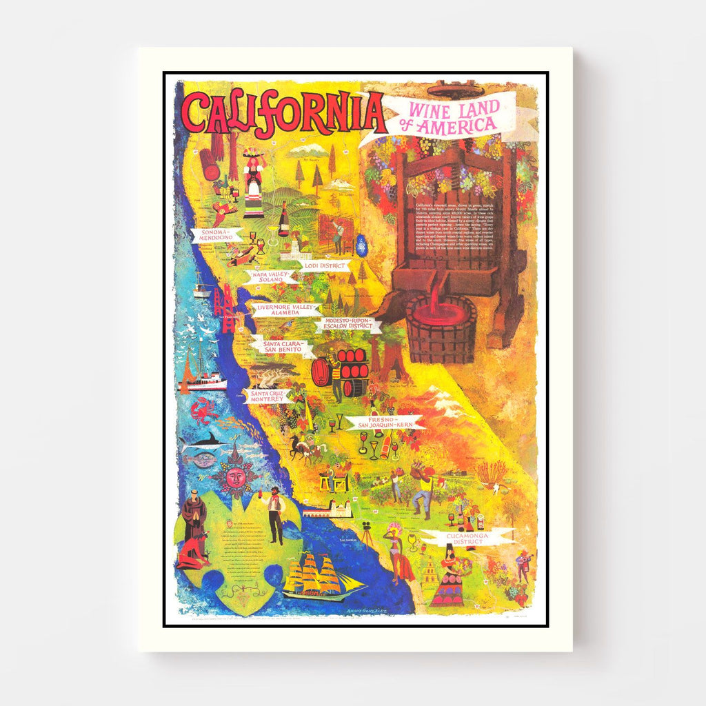 Vintage California Wine Country Map 1960