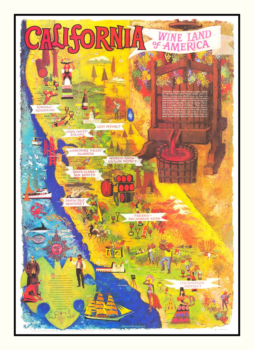Vintage California Wine Country Map 1960