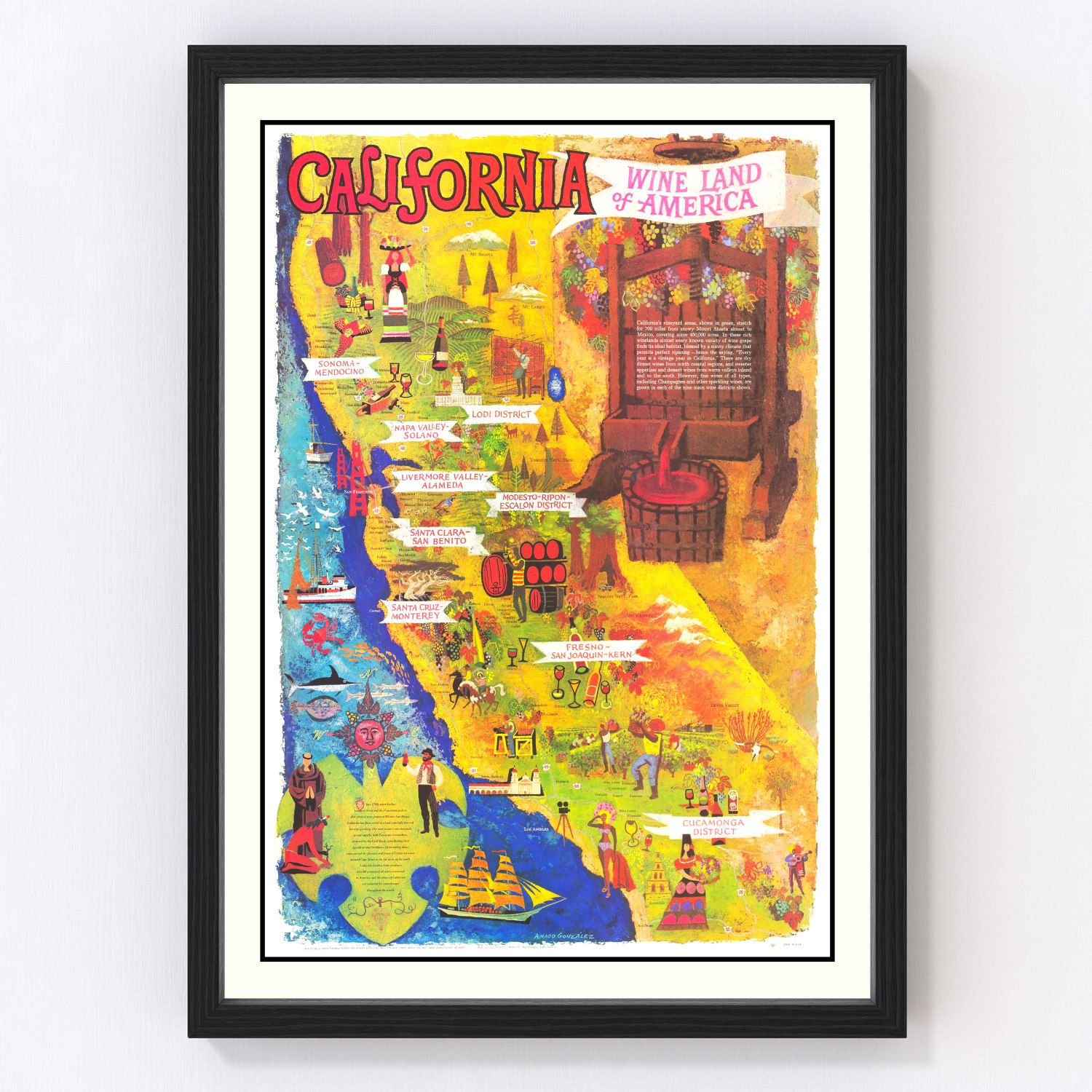 Vintage California Wine Country Map 1960