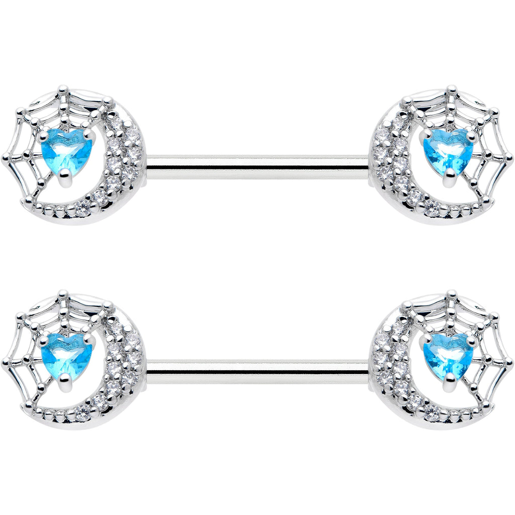14G 9/16 Blue CZ Gem Heart Web Moon Barbell Nipple Ring Set