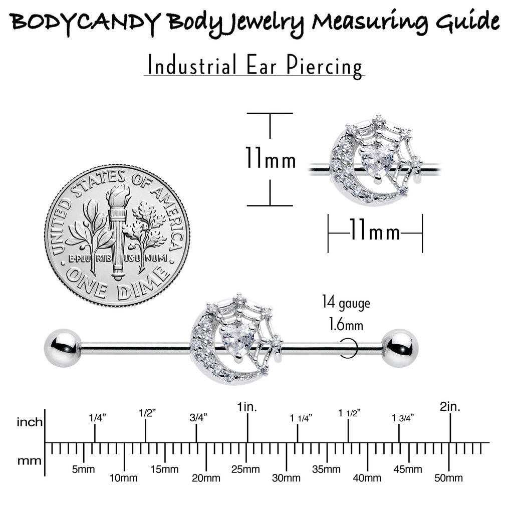 14G Clear CZ Gem Heart Web Moon Industrial Barbell 38mm