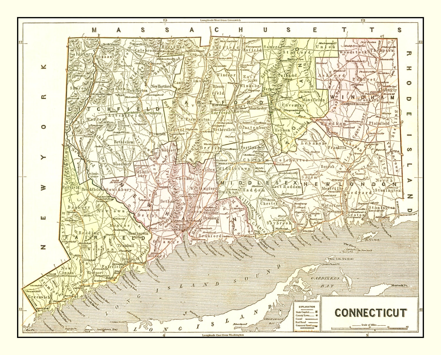 Vintage Map of Connecticut 1856