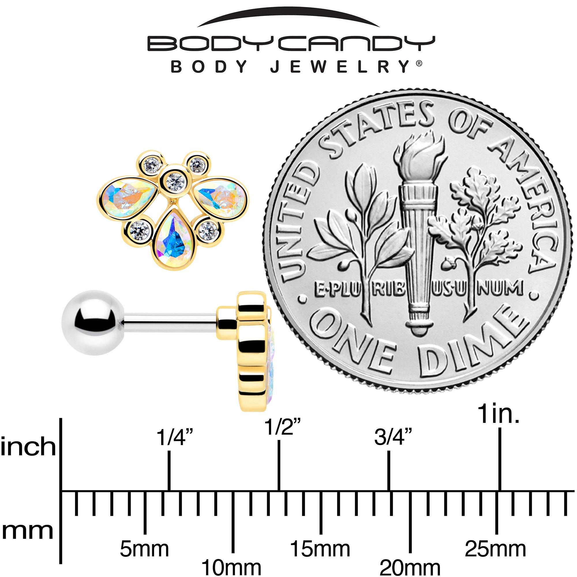 16G 1/4 Aurora Gem Golden Crown Deluxe Cartilage Tragus Earring