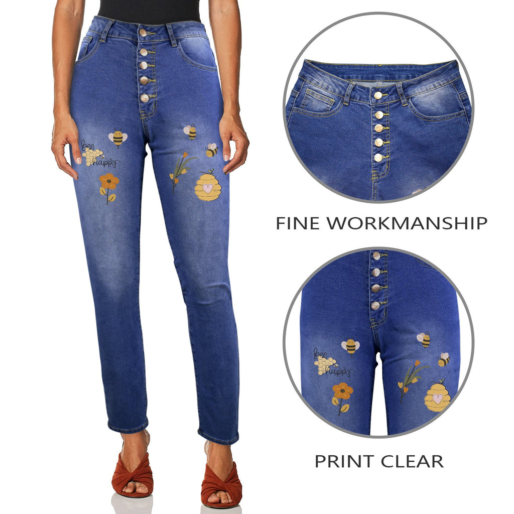 Bee Happy Women's Jeans (Front Printing) | Ships from USA