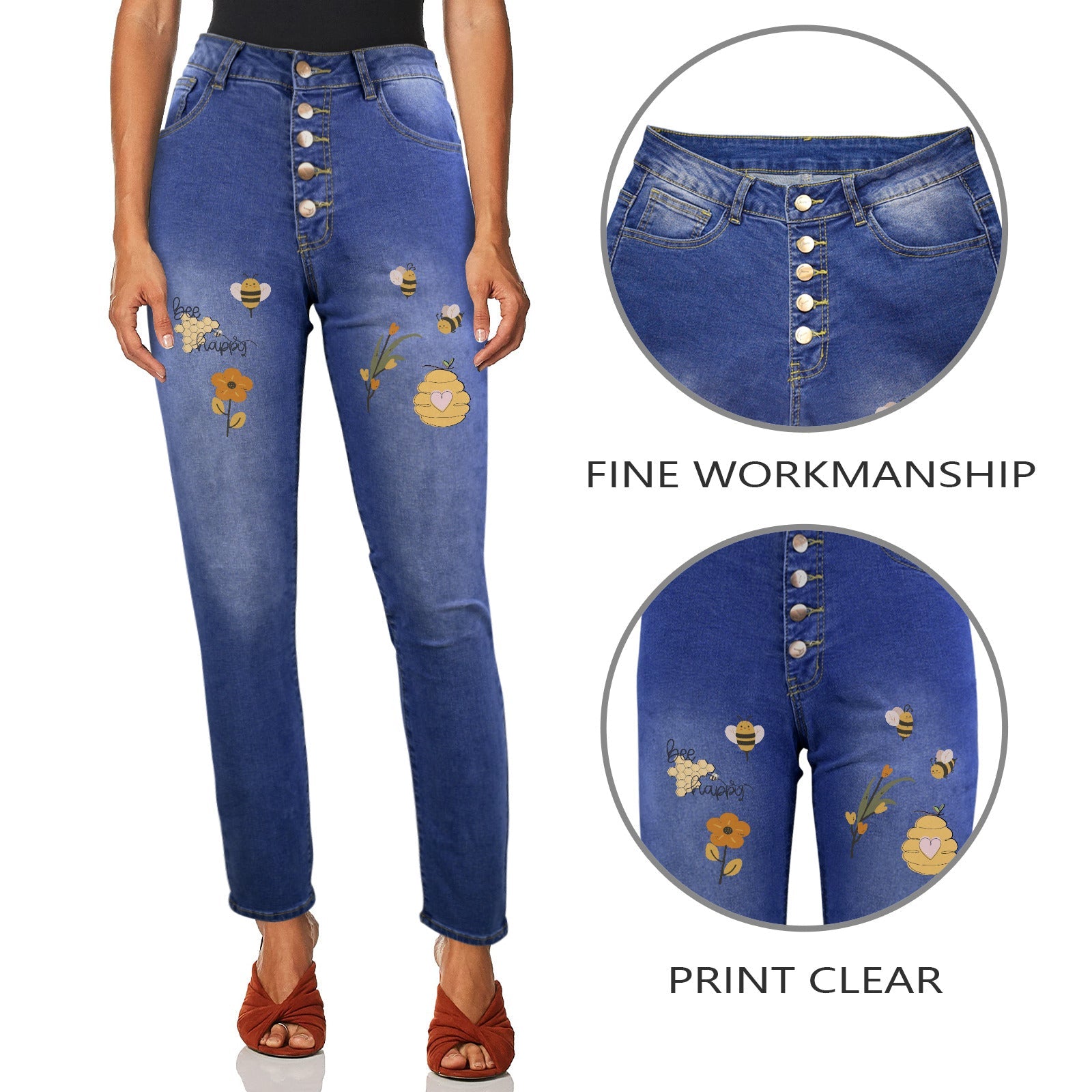 Bee Happy Women's Jeans (Front Printing) | Ships from USA