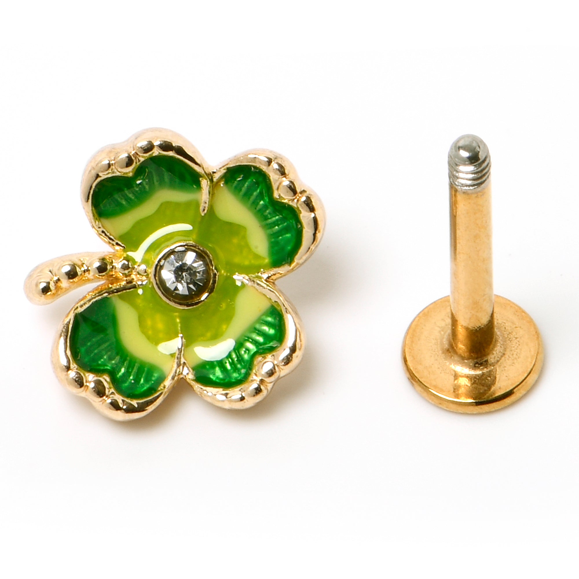 16G 5/16 Clear Gem Gold Tone Lucky Shamrock Labret Monroe Tragus