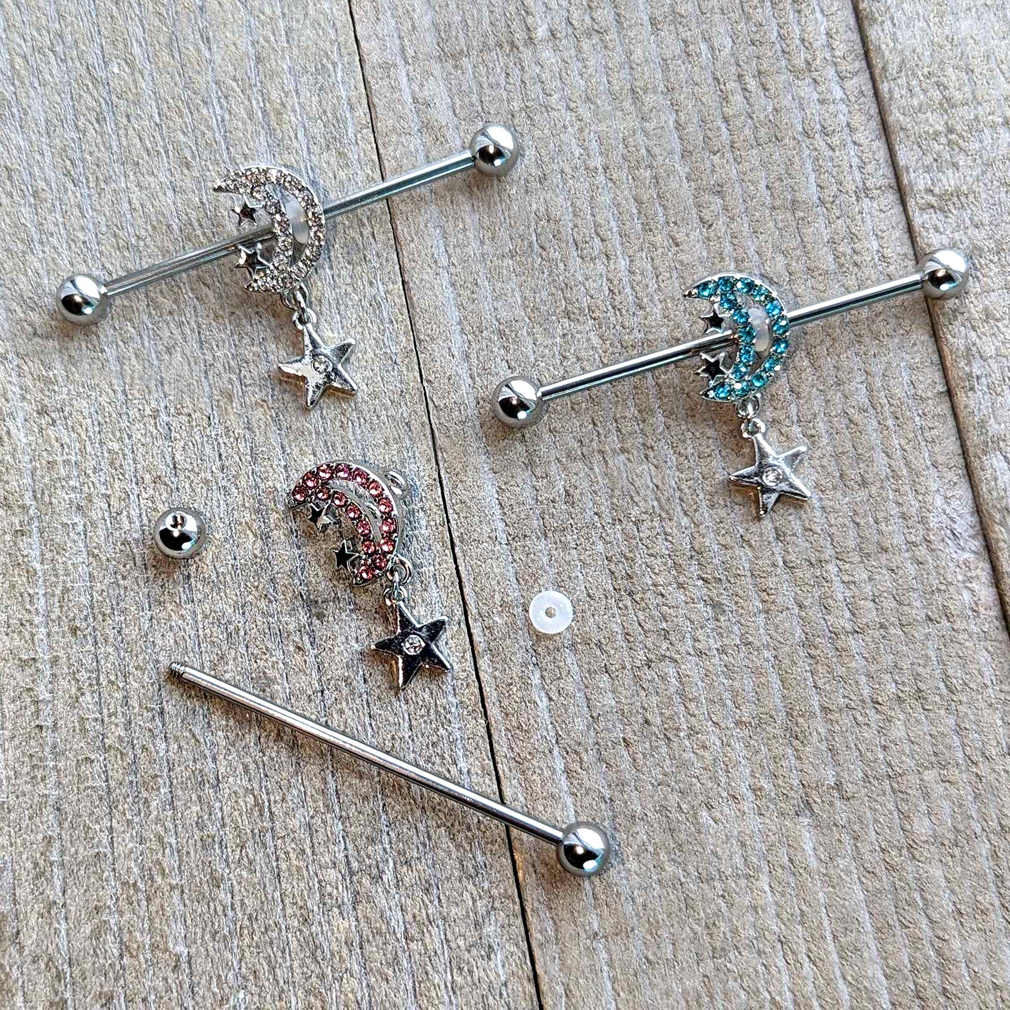 14G Blue CZ Gem Moon Dangle Star Industrial Barbell 38mm