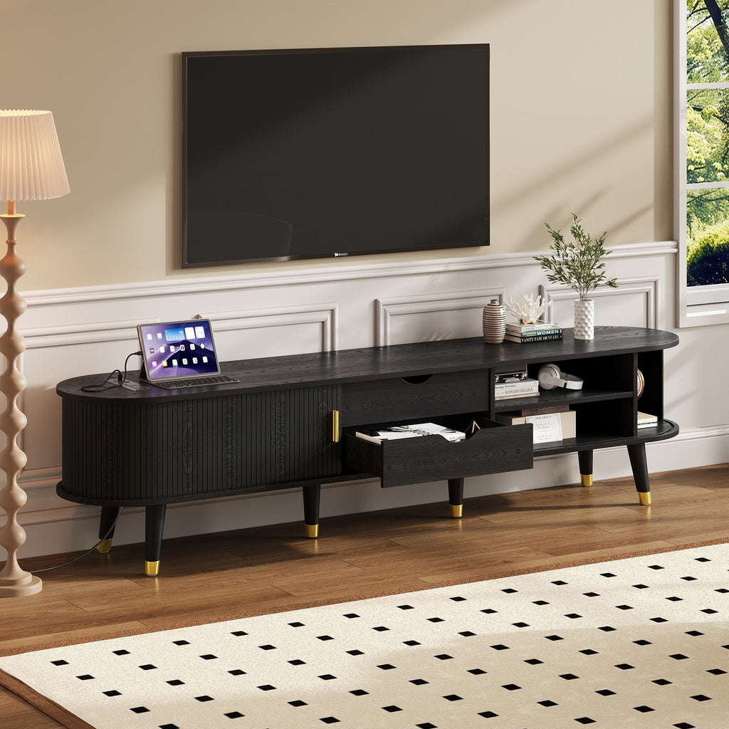 [Assembly Video]Wooden Oval Fluted TV Stand with Charging Station for TV up to 80', Mid-Century Media Console with Sliding Tambour Door, Farmhouse TV Cabinet with Golden Handle for Living Room, Black