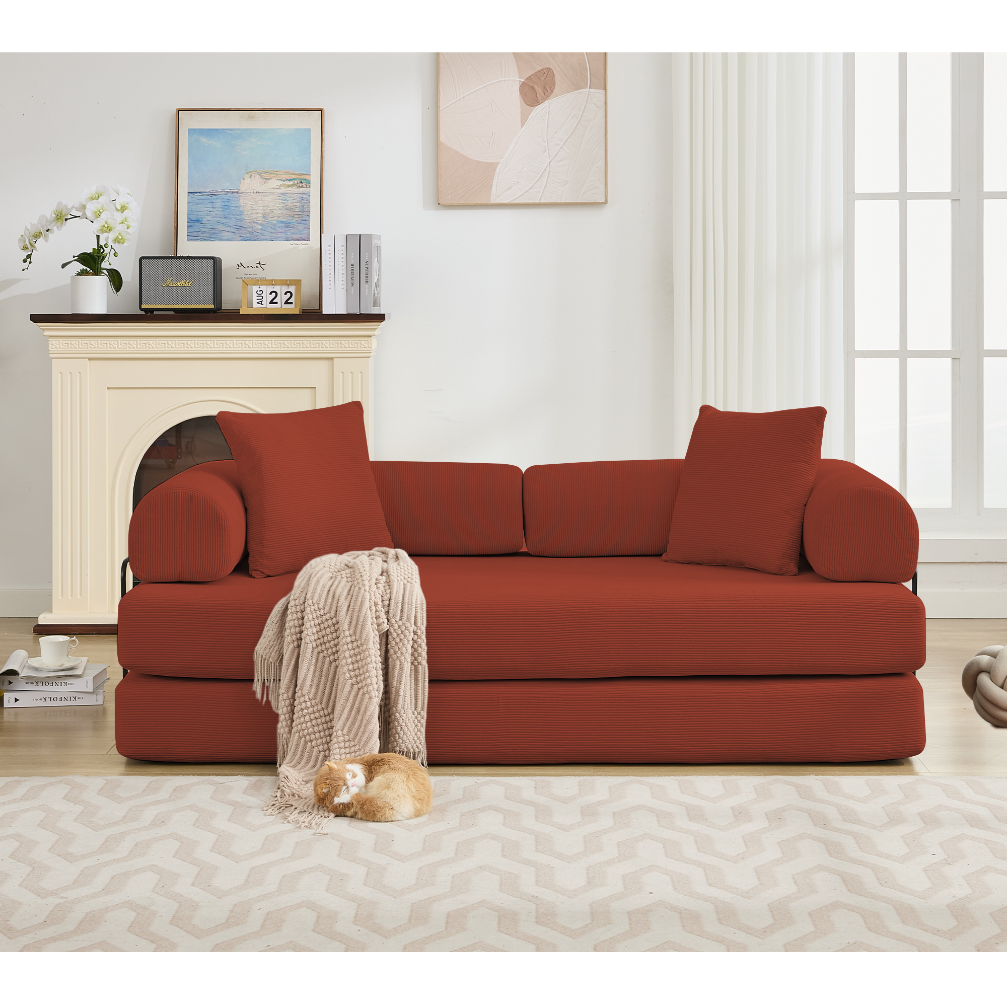[NEW ARRIVED] [VIDEO PROVIDED] 78.5' Folding Convertible Out Sleeper Sofa Bed,5-in-1 DIY Combination Convertible  Sofa, 3 seat, Folding Sleeper Sofa, King Size , Bedroom,Apartment,Corduroy,Ancora Red