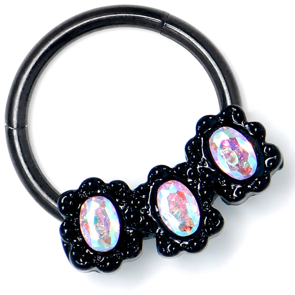 16G 3/8 Aurora Gem Black Magical Ovals Hinged Segment Ring