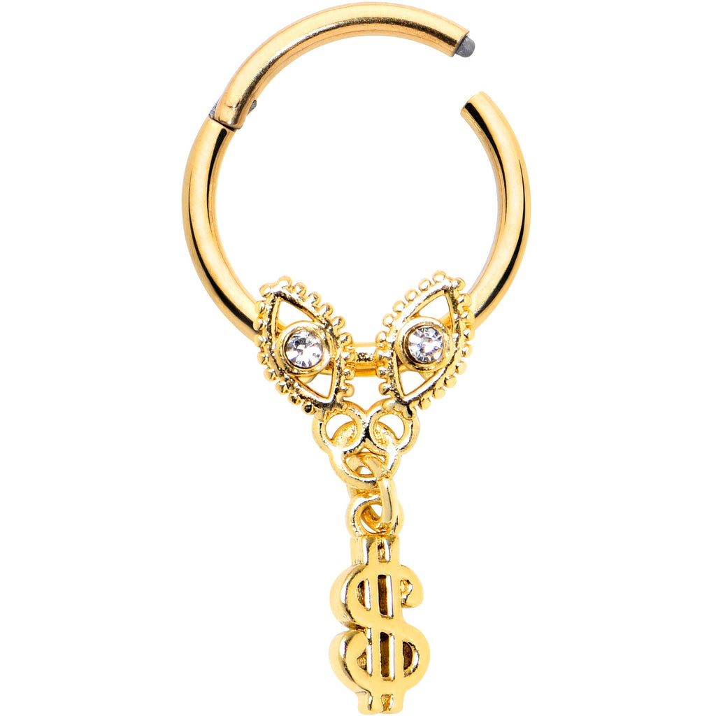 16G 3/8 Clear Gem Gold Hue Seeing Money Dangle Hinged Segment Ring