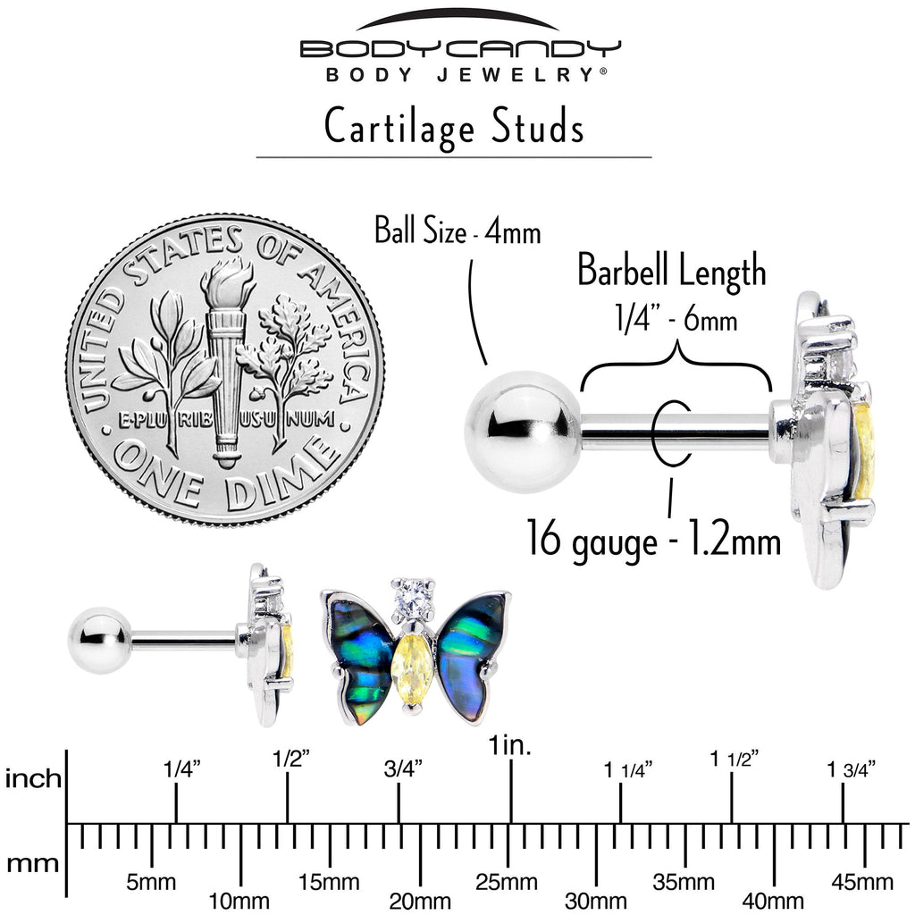 16G 1/4 Clear Yellow Gem Dark Butterfly Cartilage Tragus Earring