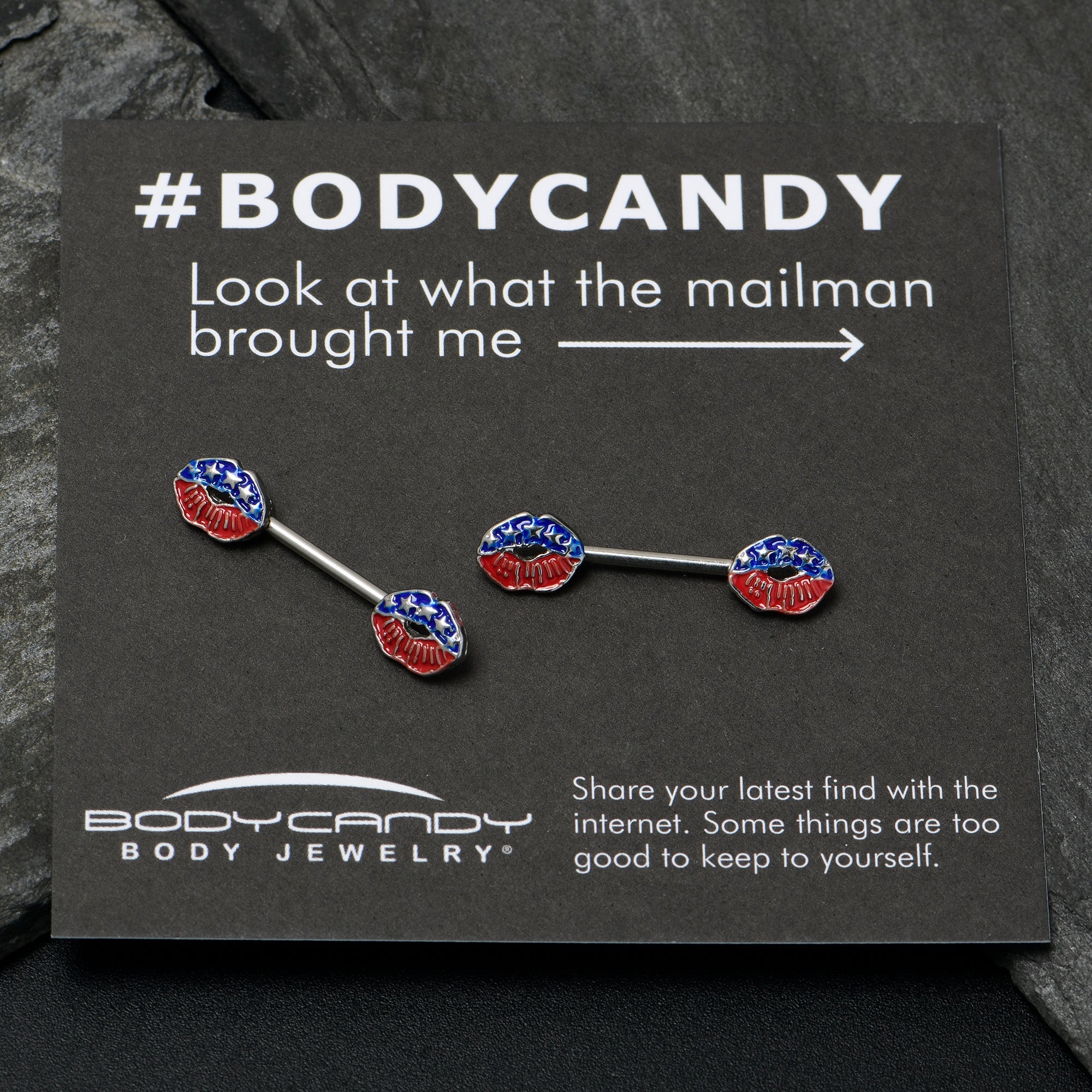 14G 9/16 Patriotic Kissy Lips Barbell Nipple Ring Set