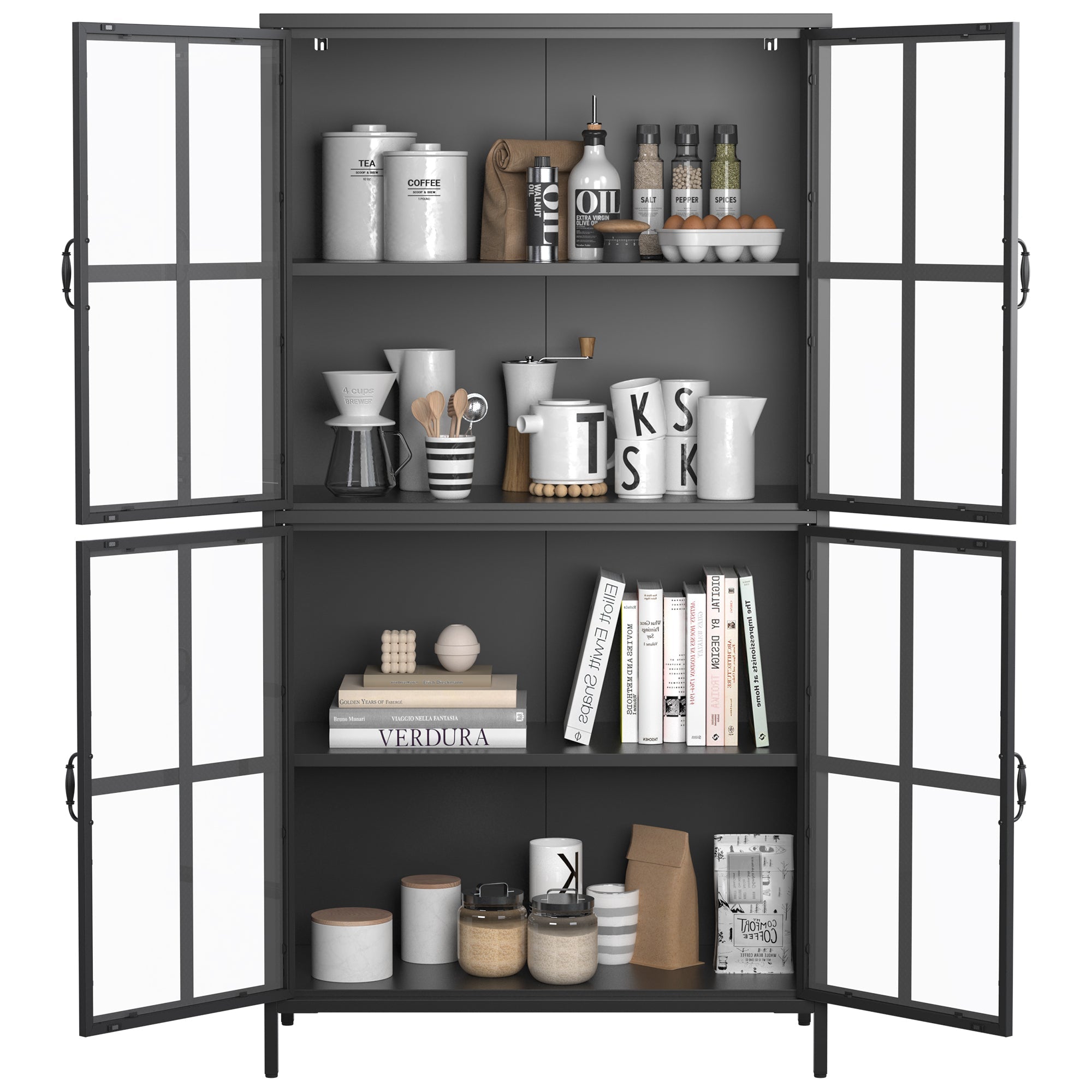 Premium Black Metal Storage Cabinet with Tempered Glass Doors, Adjustable Shelves, and Anti-Tipping Device