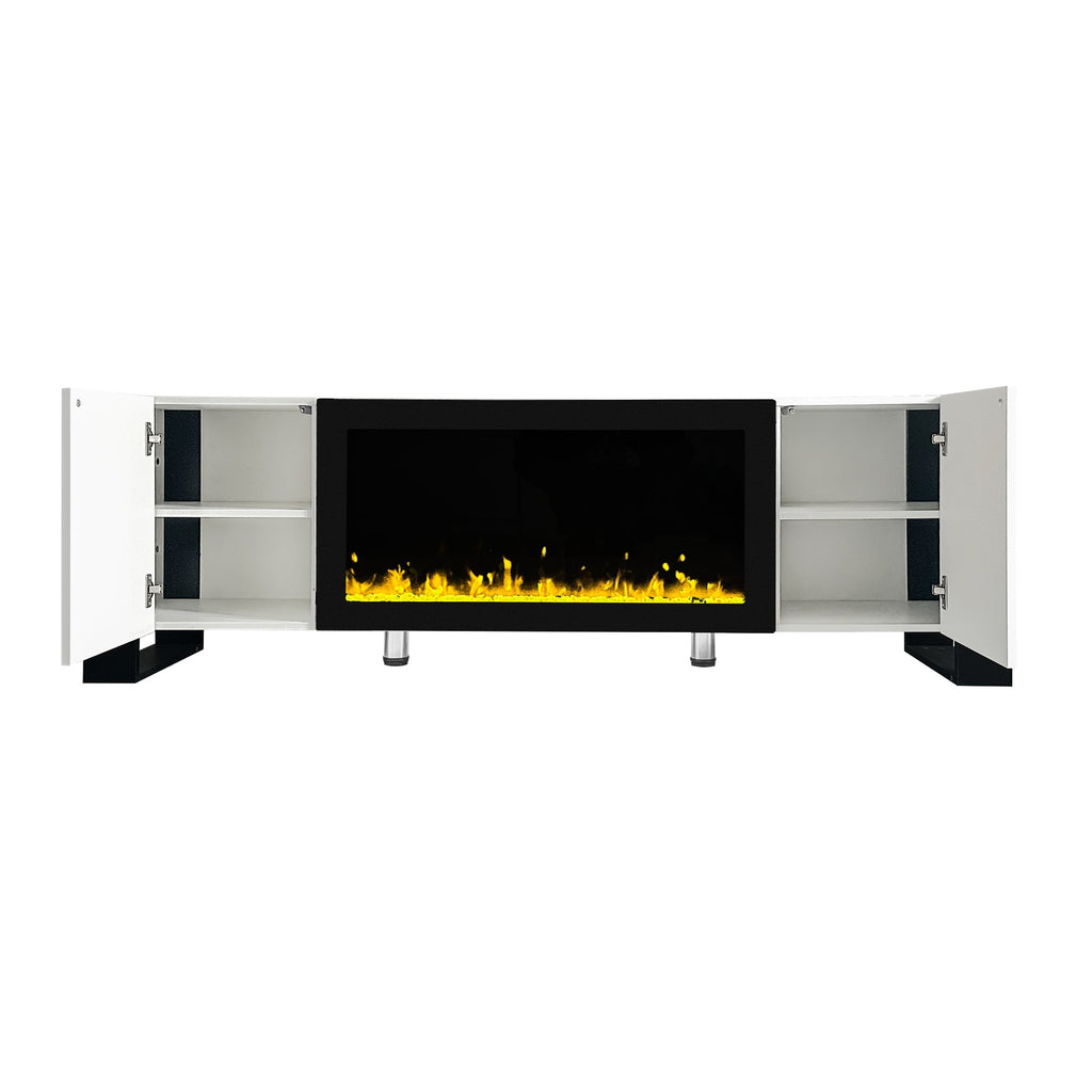 ON-TREND Modern TV Stand with 34.2' Non-heating Electric Fireplace, High Gloss Entertainment Center with 2 Cabinets, Media Console for TVs up to 78', White