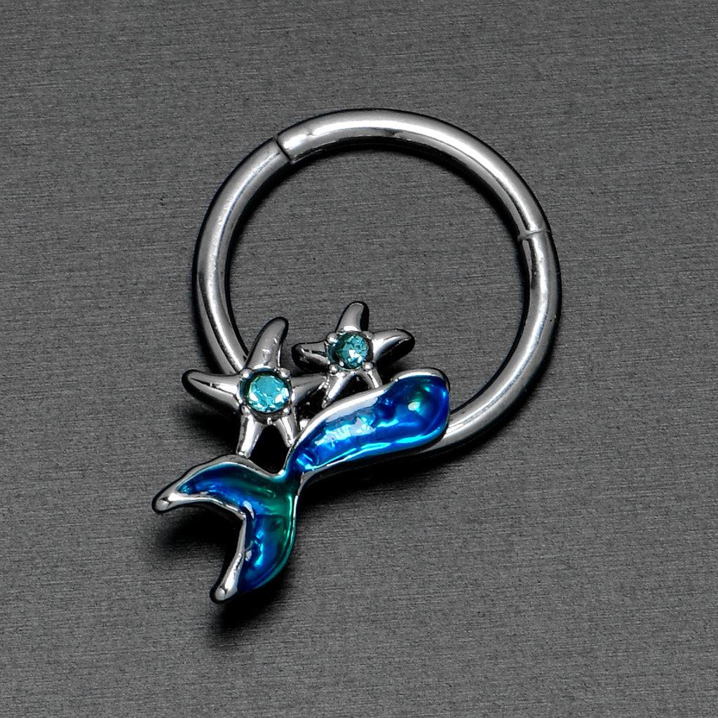 16G 3/8 Blue Gem Blue Mermaid Tail Stars Hinged Segment Ring