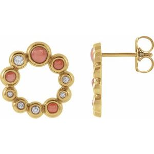 14K Yellow Gold Natural Pink Coral & 1/8 CTW Natural Diamond Earrings